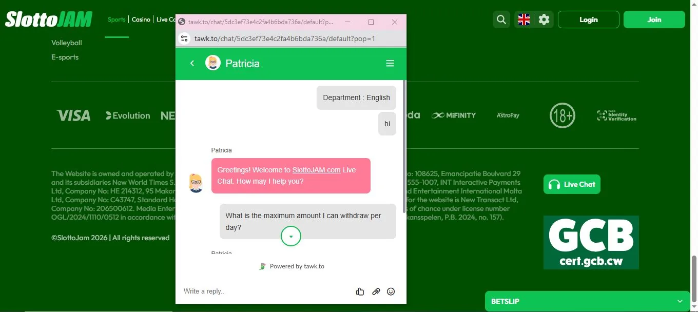 Screenshot of SlottoJAM's live chat support window