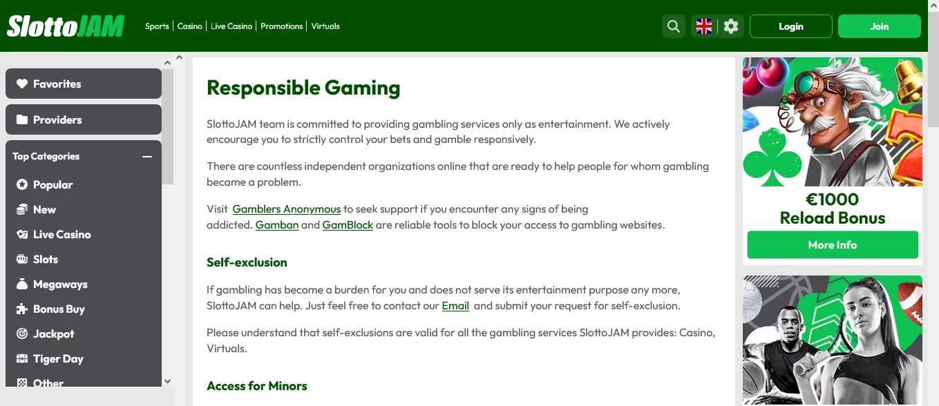 Screenshot of SlottoJAM's responsible-gambling tools