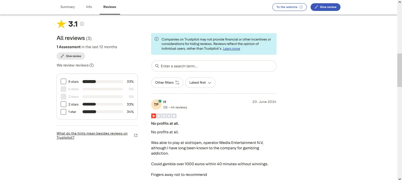 Screenshot of SlottoJAM's negative Trustpilot review