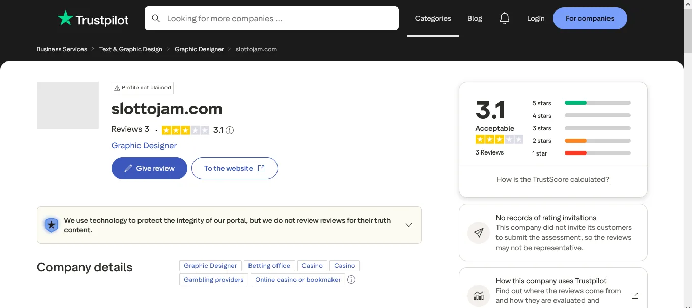 Screenshot of SlottoJAM's Trustpilot rating overview