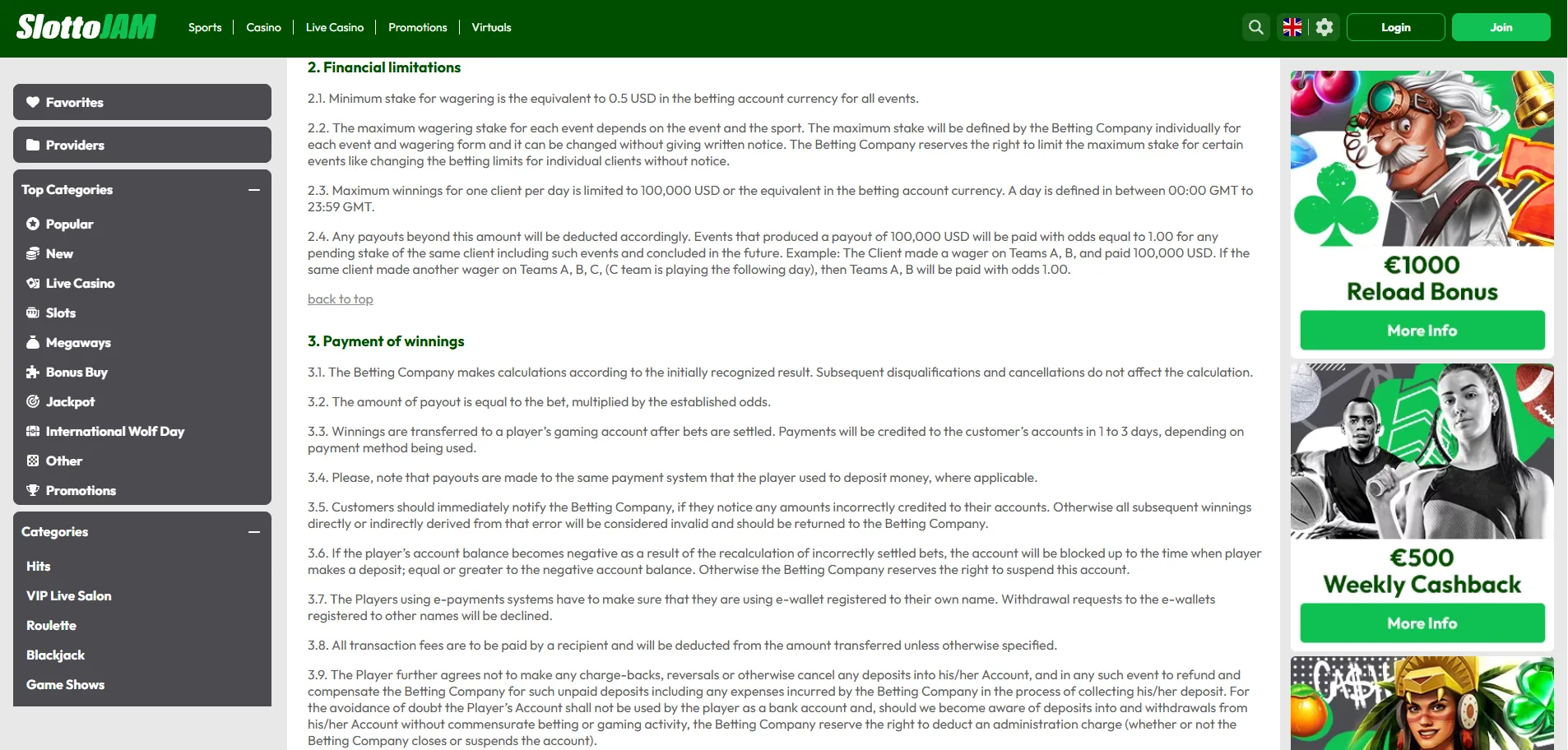 Screenshot of SlottoJAM's withdrawal section and limits