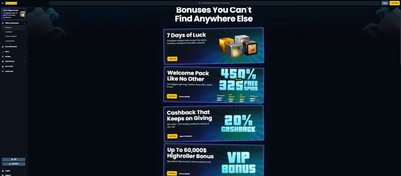 Screenshot of Snatch Casino's welcome bonus offer