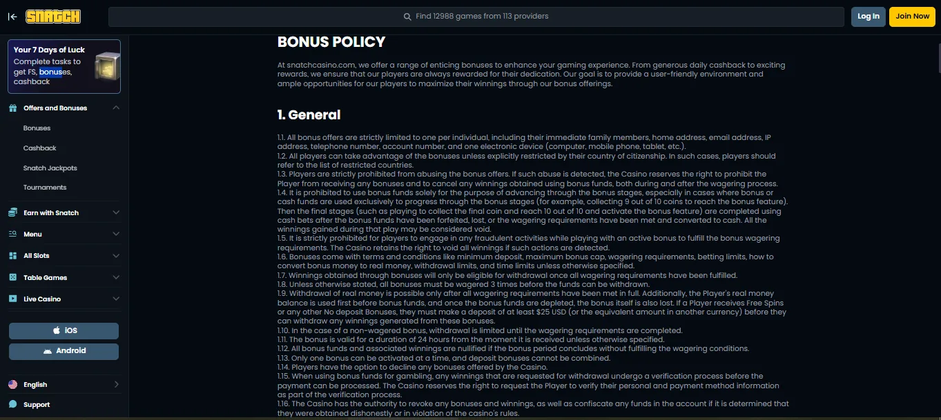 Screenshot of Snatch Casino's bonus terms and wagering requirements