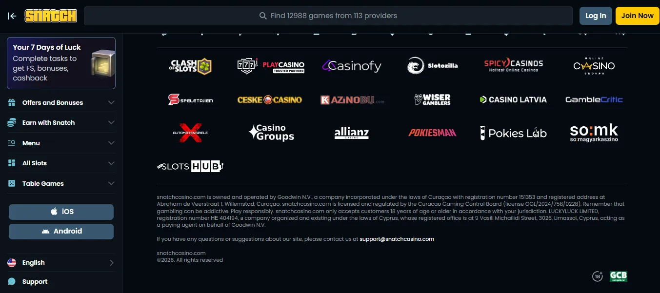 Screenshot of Snatch Casino's footer licence and regulator details
