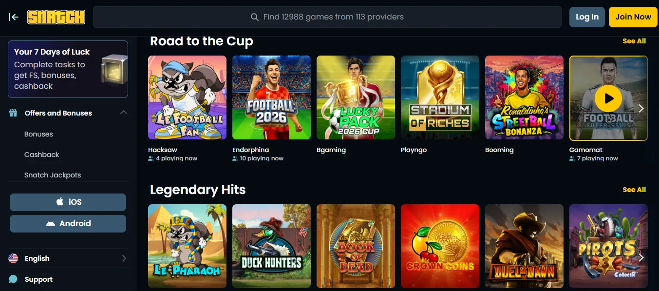 Screenshot of Snatch Casino's games lobby