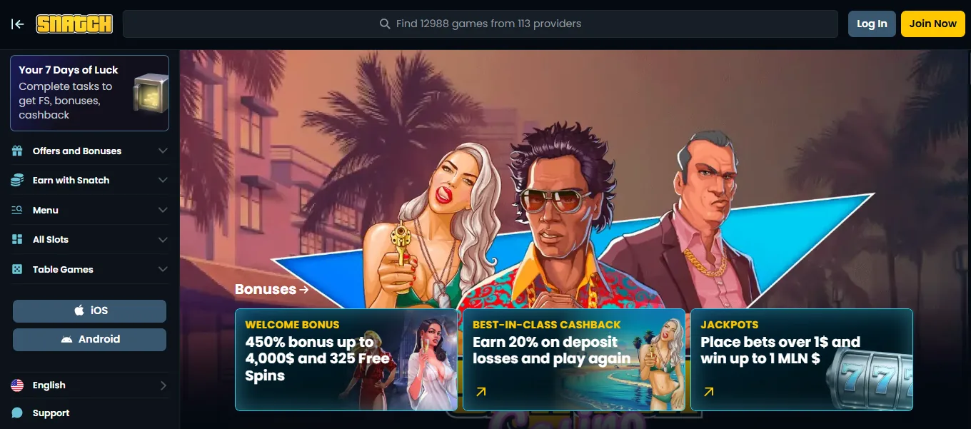 Screenshot of Snatch Casino's homepage