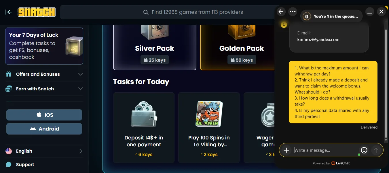 Screenshot of Snatch Casino's live chat support window