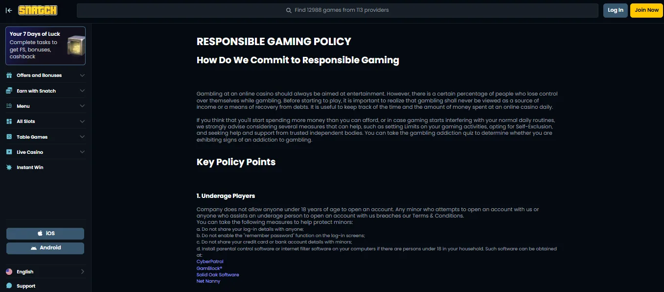 Screenshot of Snatch Casino's responsible-gambling tools