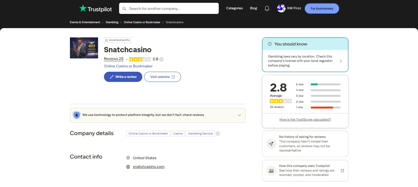 Screenshot of Snatch Casino's Trustpilot rating overview
