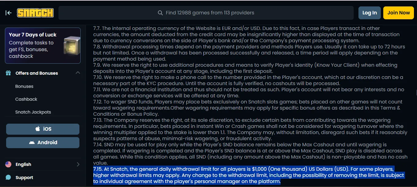 Screenshot of Snatch Casino's withdrawal section and limits