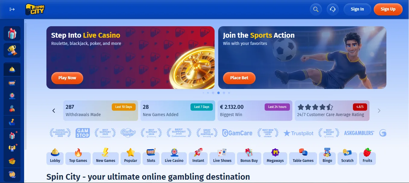 Screenshot of Spin City's homepage