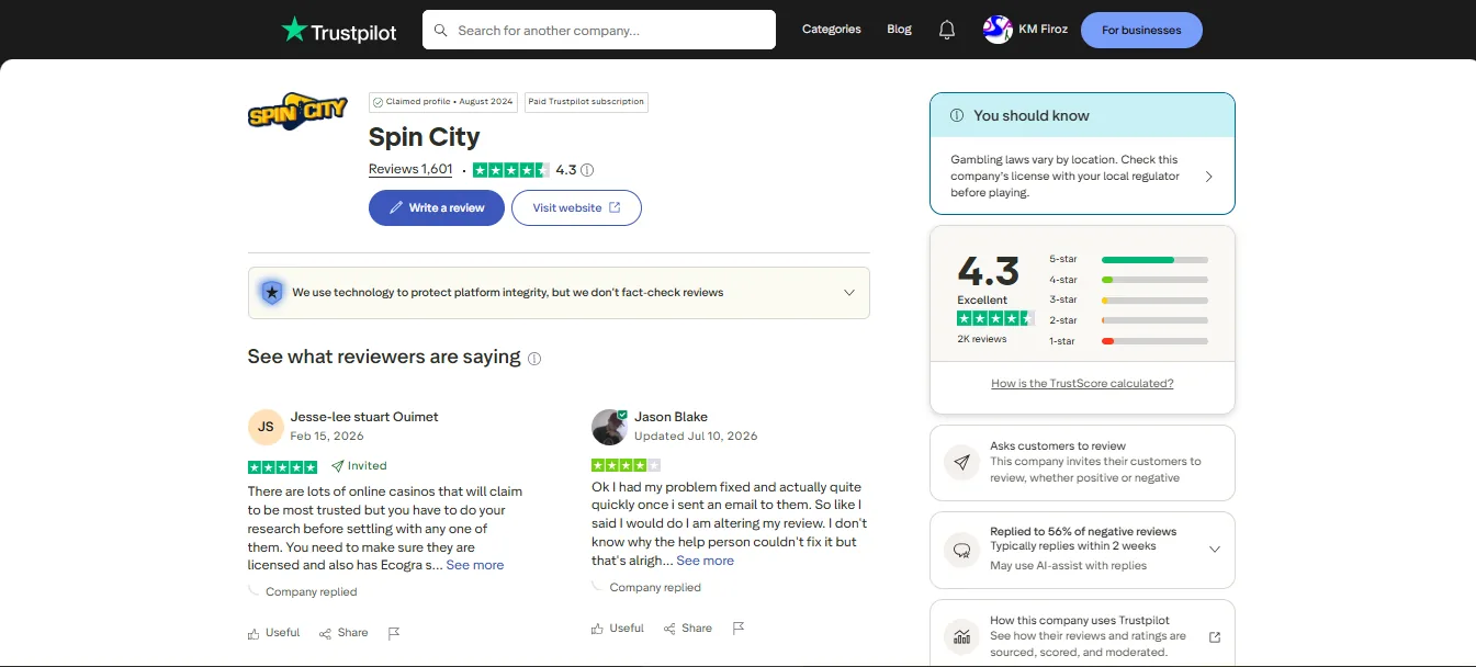 Screenshot of Spin City's Trustpilot rating overview