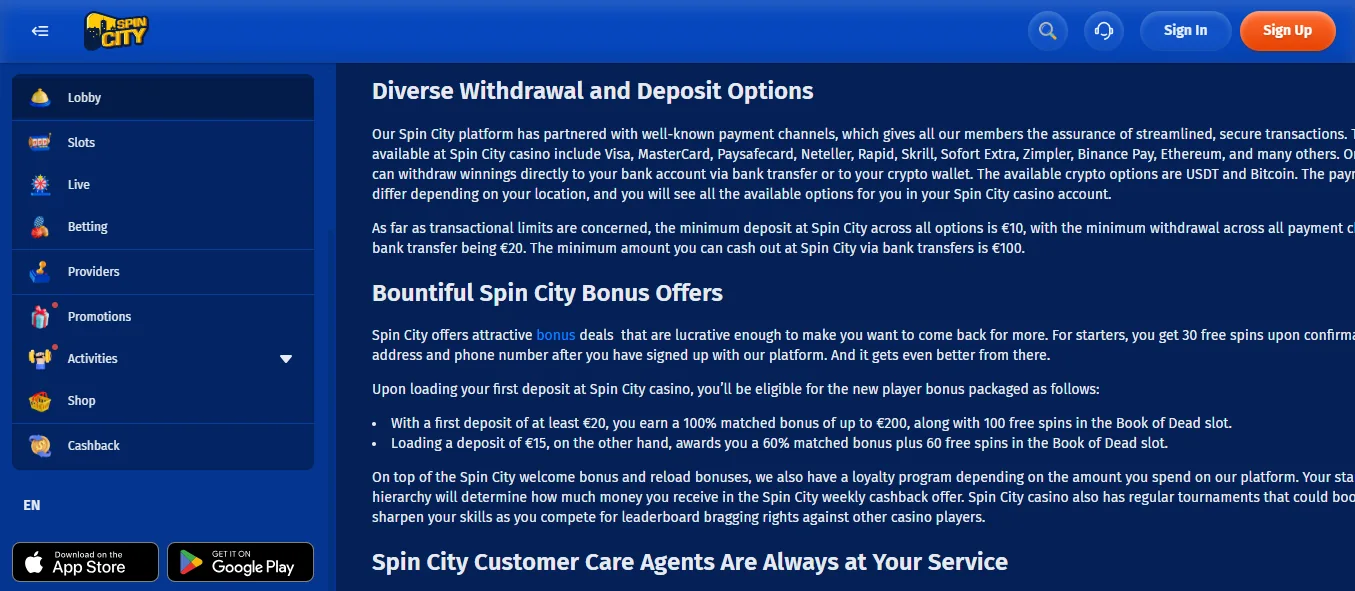 Screenshot of Spin City's withdrawal section and limits