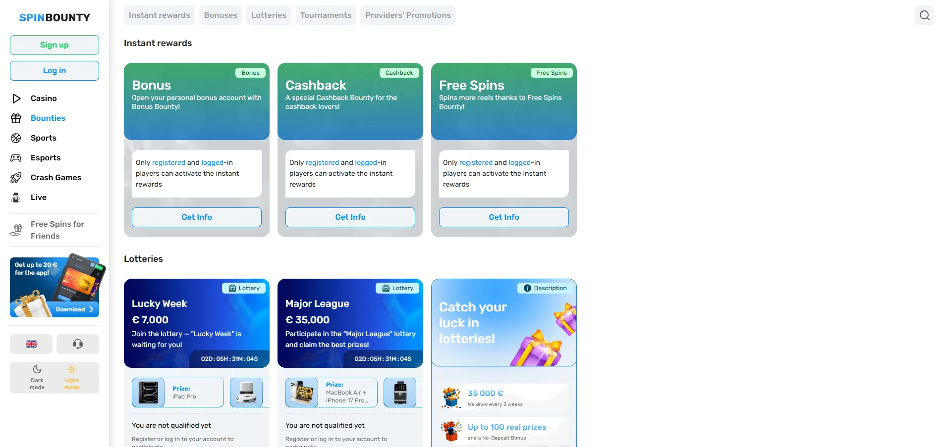 Screenshot of Spin Bounty's welcome bonus offer