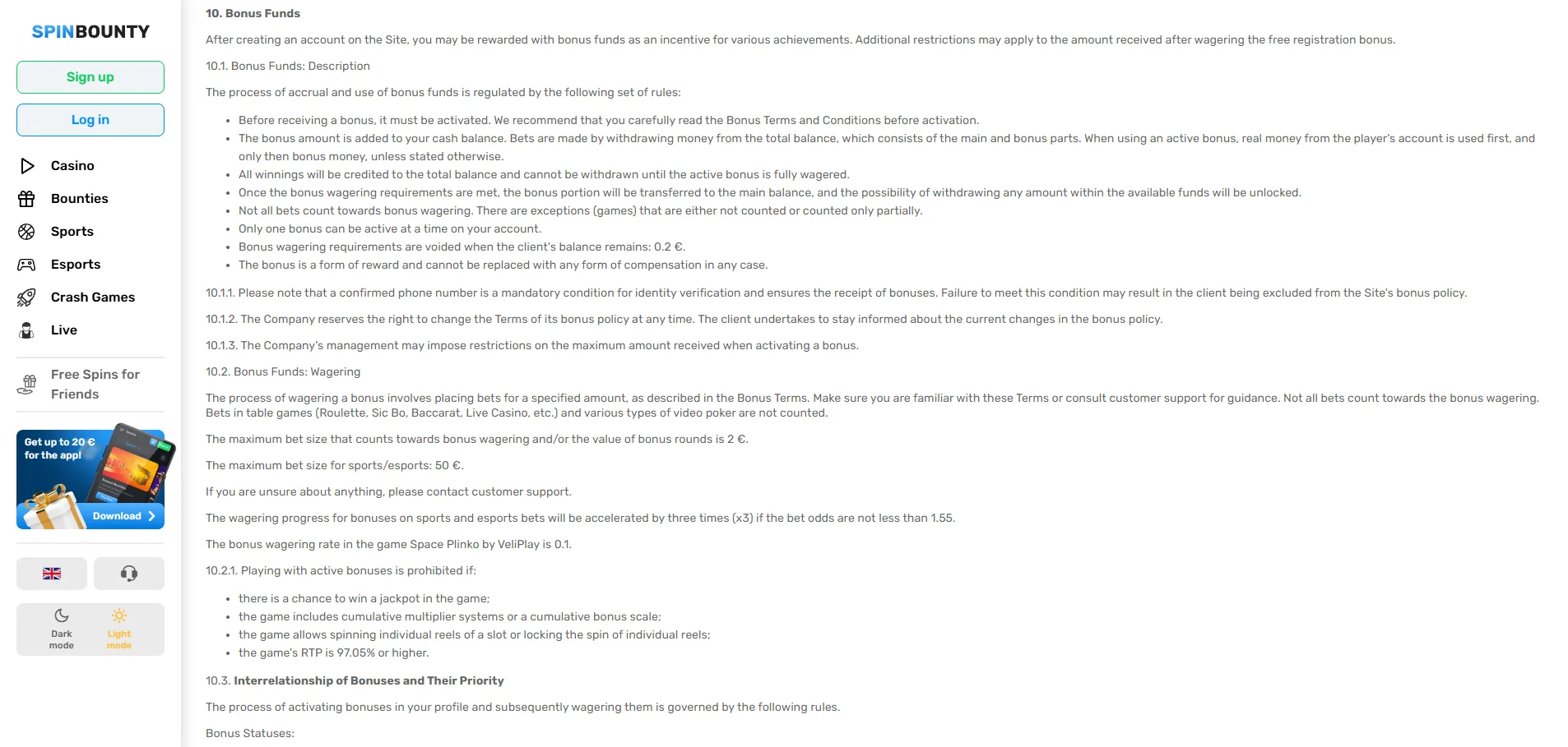 Screenshot of Spin Bounty's bonus terms and wagering requirements