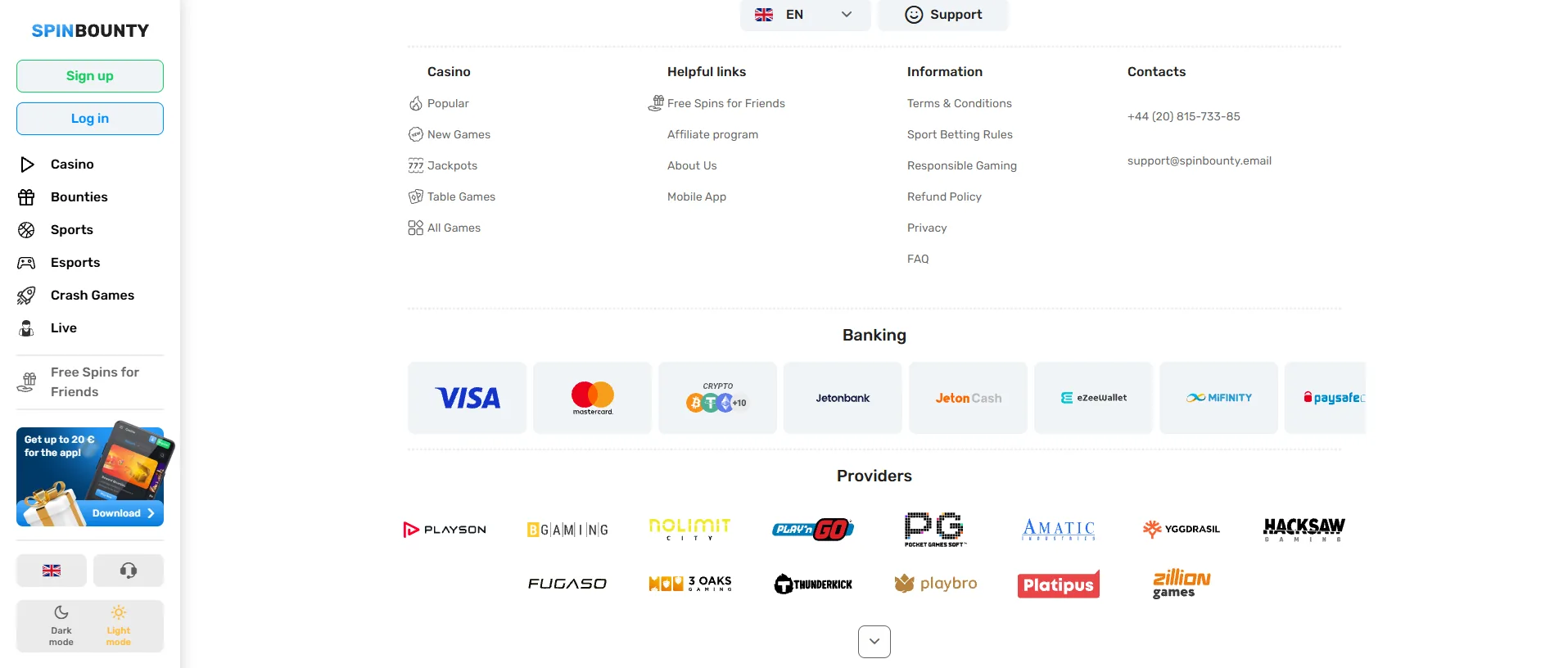 Screenshot of Spin Bounty's cashier and payment methods