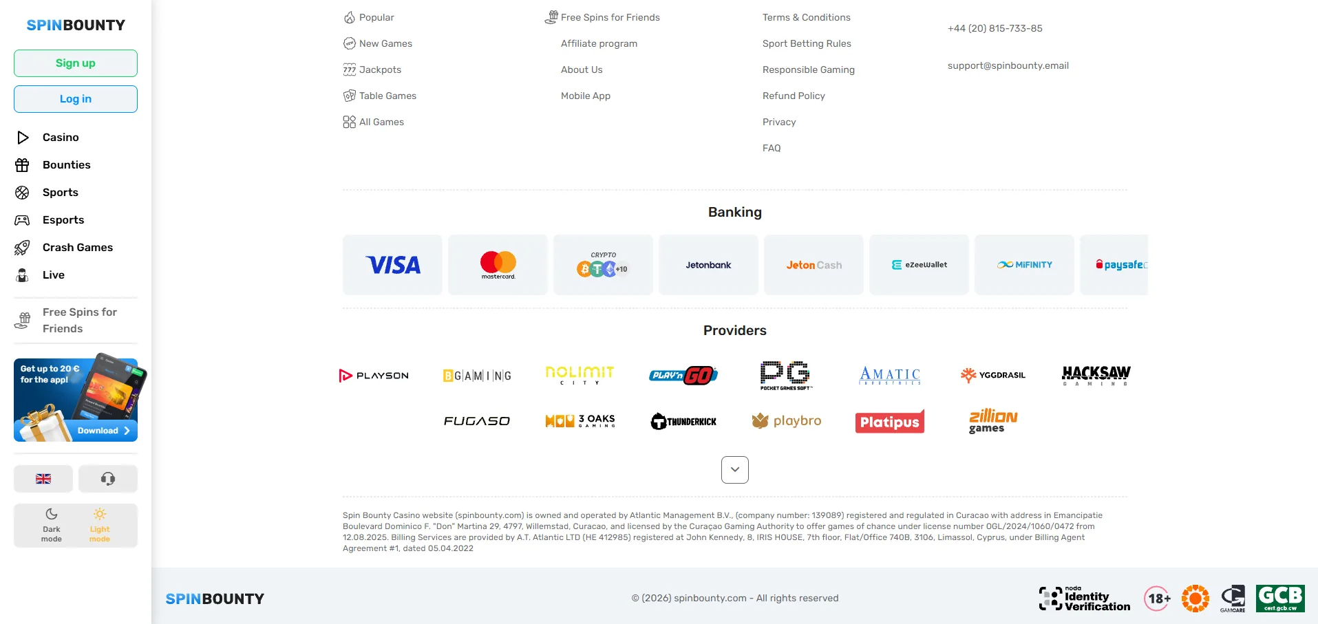 Screenshot of Spin Bounty's footer licence and regulator details
