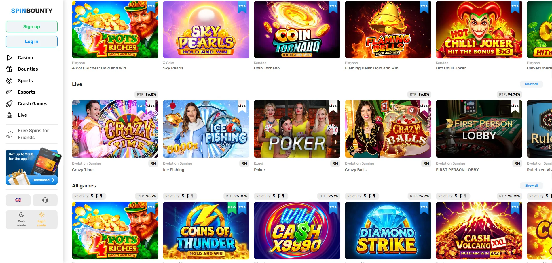 Screenshot of Spin Bounty's games lobby