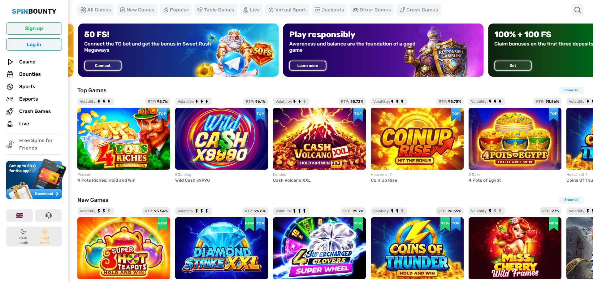 Screenshot of Spin Bounty's homepage