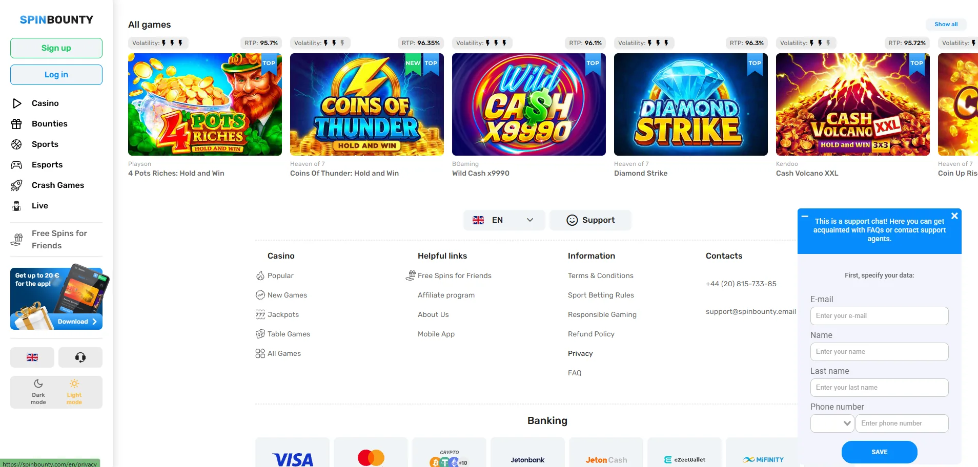 Screenshot of Spin Bounty's live chat support window
