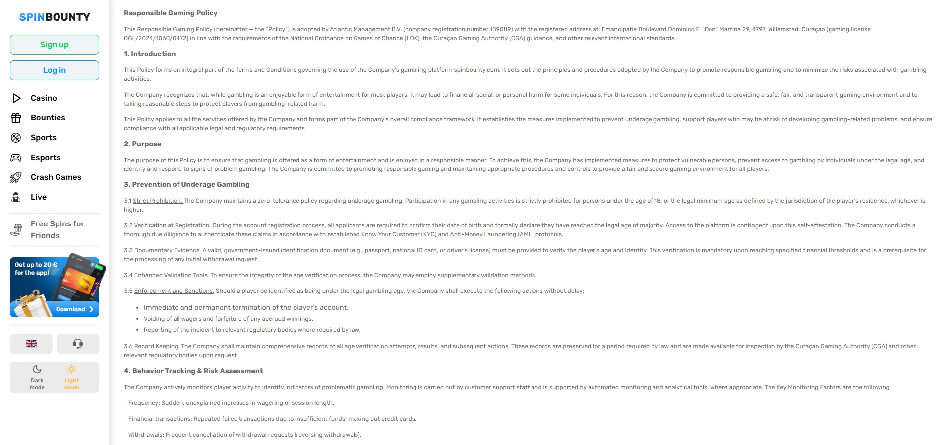 Screenshot of Spin Bounty's responsible-gambling tools