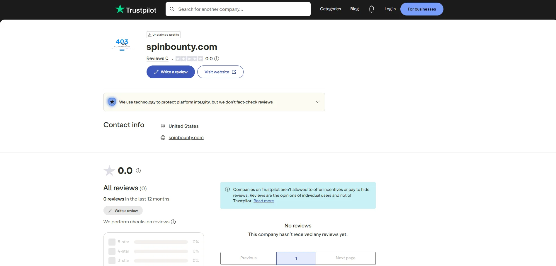 Screenshot of Spin Bounty's Trustpilot rating overview