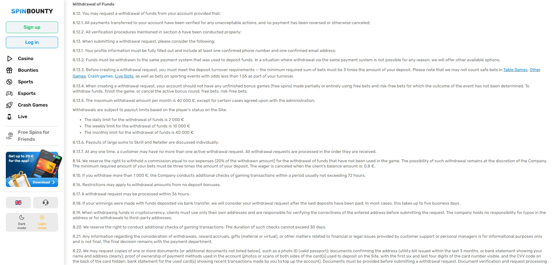 Screenshot of Spin Bounty's withdrawal section and limits