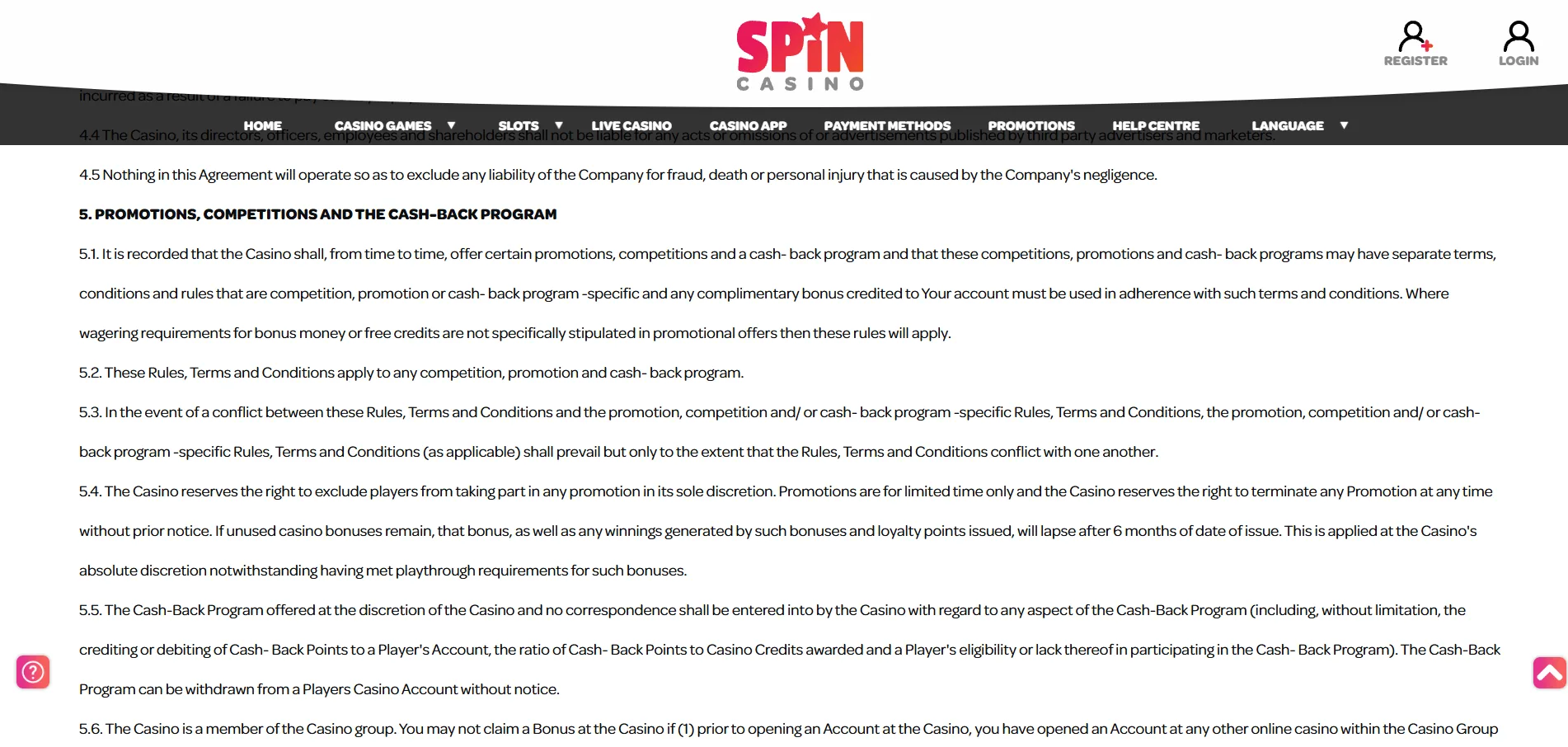 Screenshot of Spin Casino's bonus terms and wagering requirements
