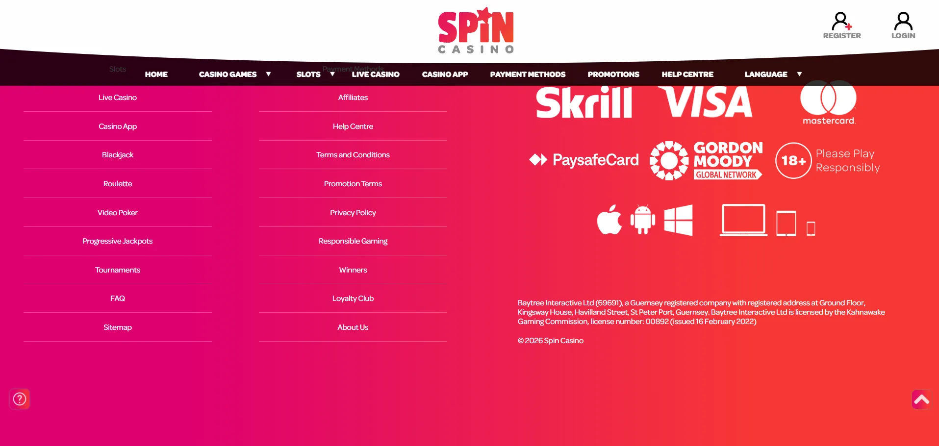 Screenshot of Spin Casino's footer licence and regulator details