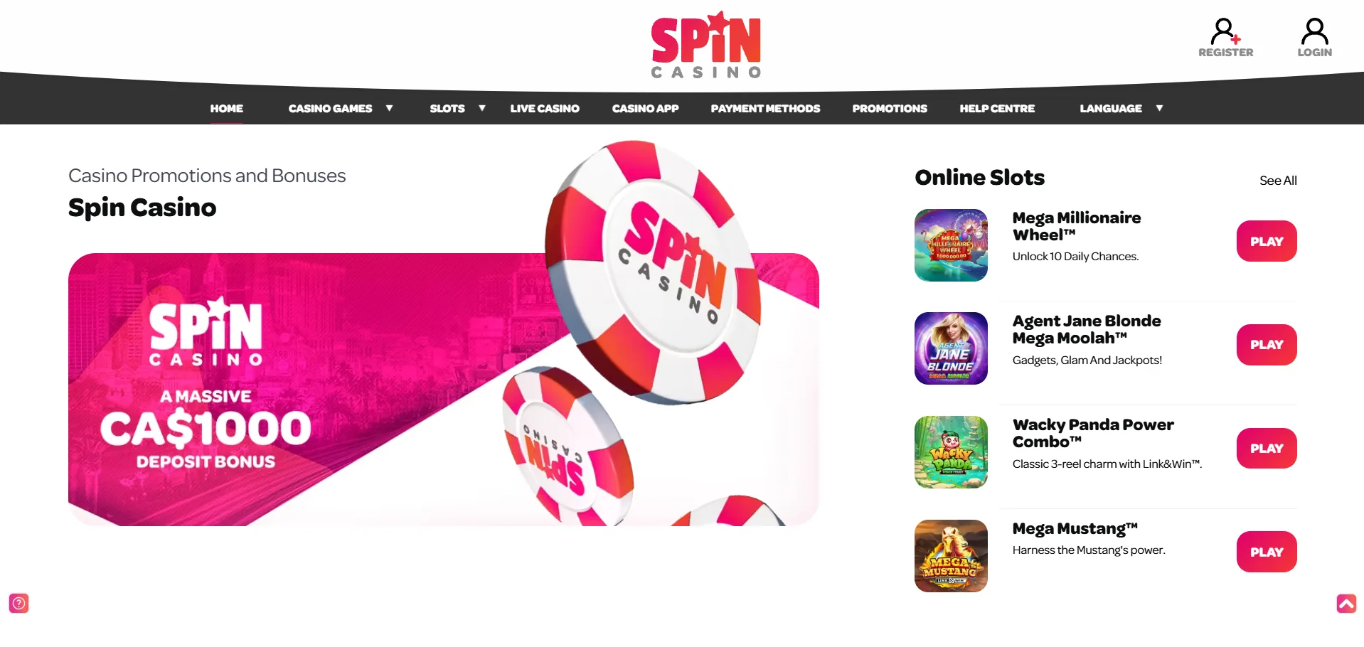 Screenshot of Spin Casino's games lobby