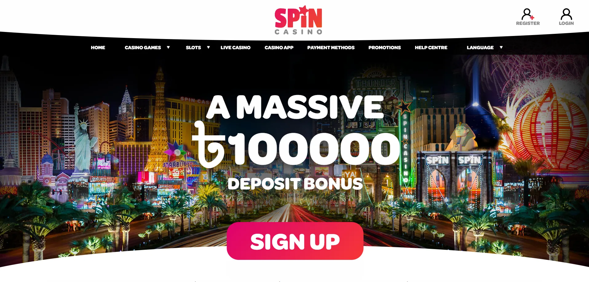 Screenshot of Spin Casino's homepage