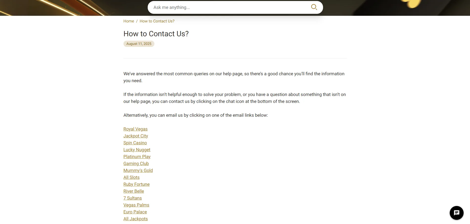 Screenshot of Spin Casino's live chat support window