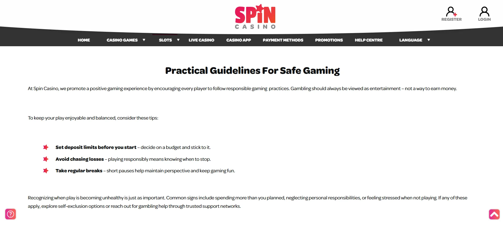 Screenshot of Spin Casino's responsible-gambling tools
