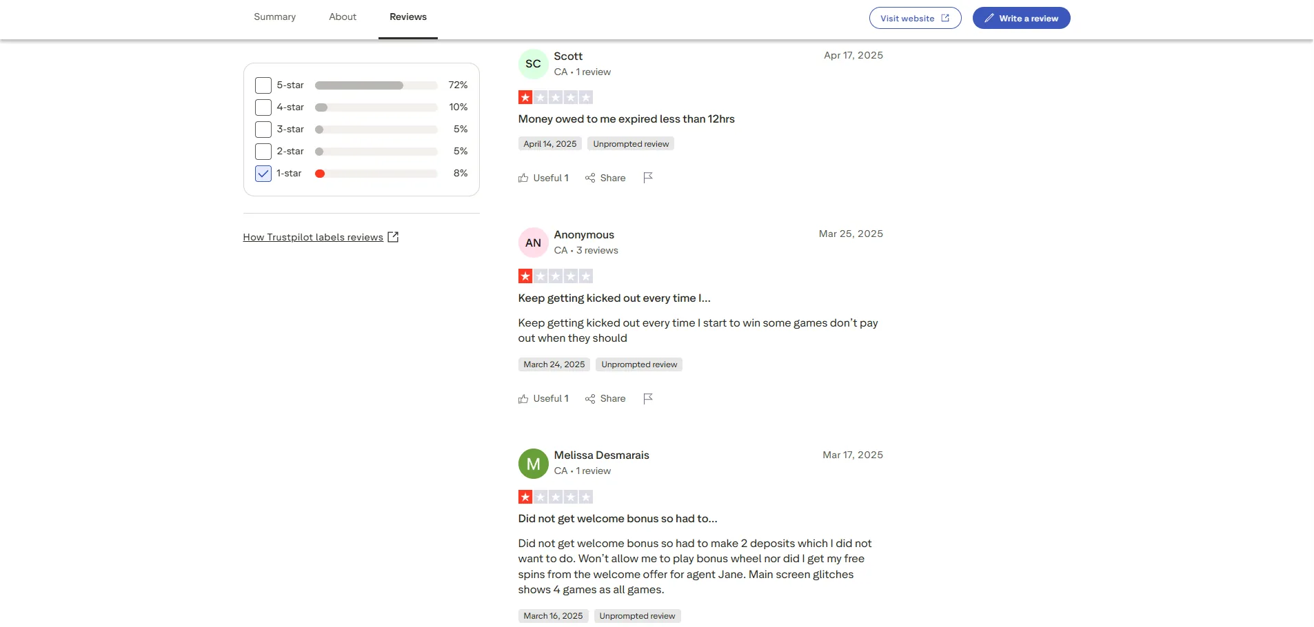 Screenshot of Spin Casino's negative Trustpilot review