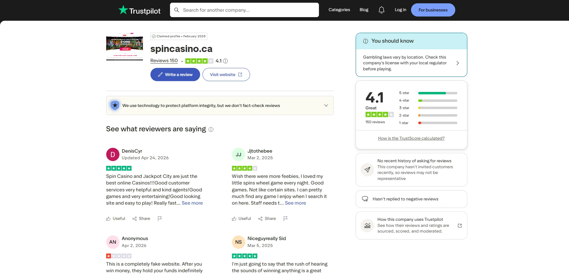 Screenshot of Spin Casino's Trustpilot rating overview