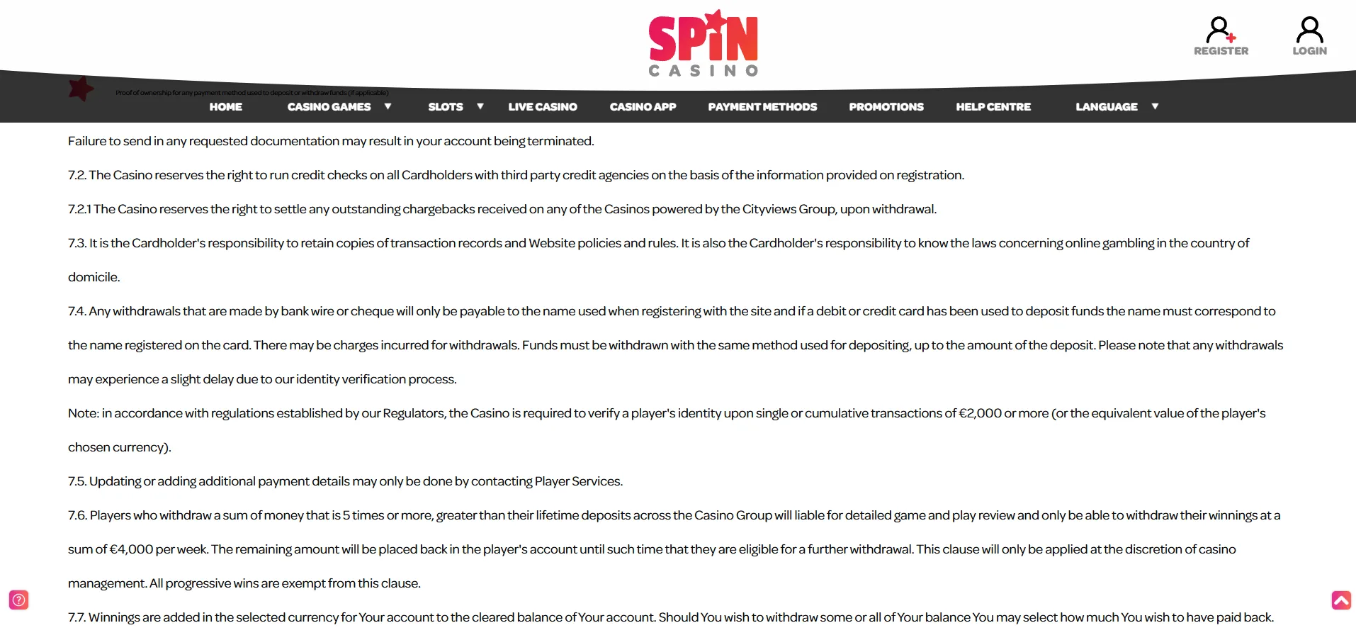 Screenshot of Spin Casino's withdrawal section and limits