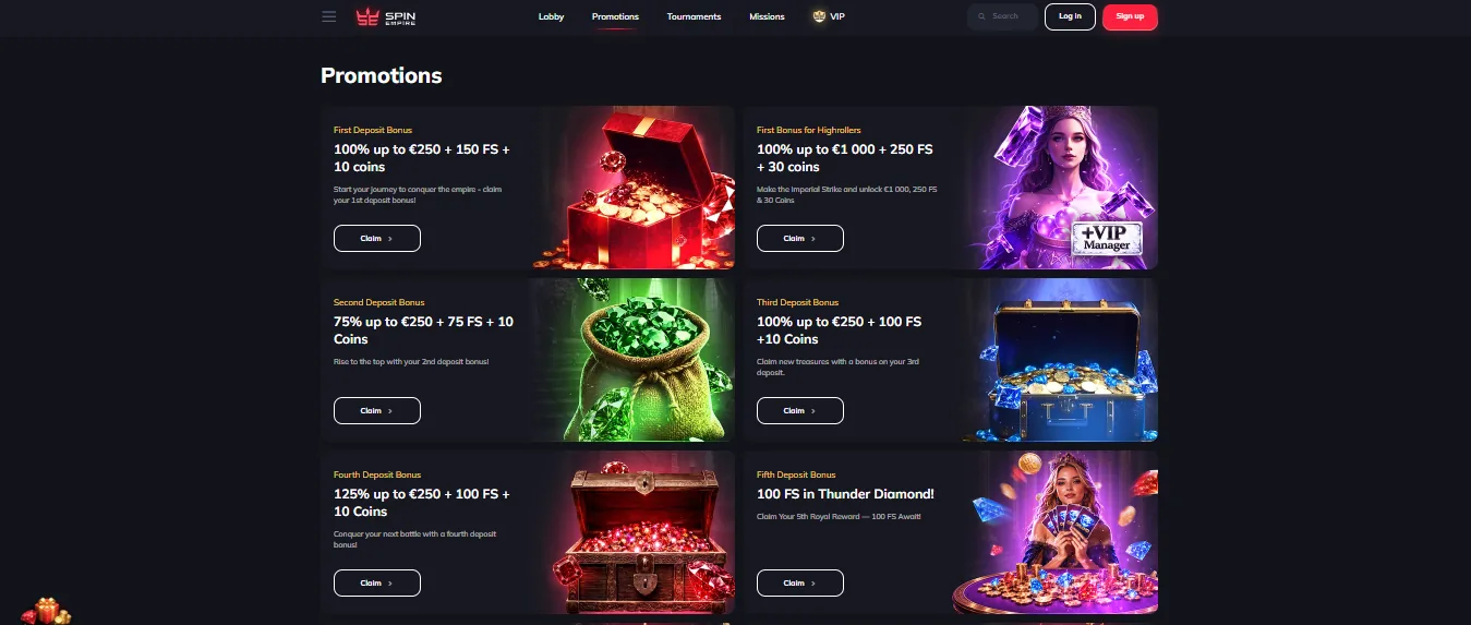 Screenshot of SpinEmpire's welcome bonus offer