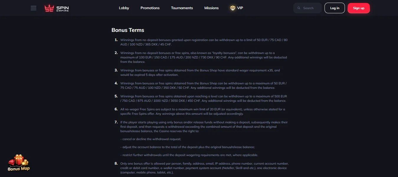 Screenshot of SpinEmpire's bonus terms and wagering requirements