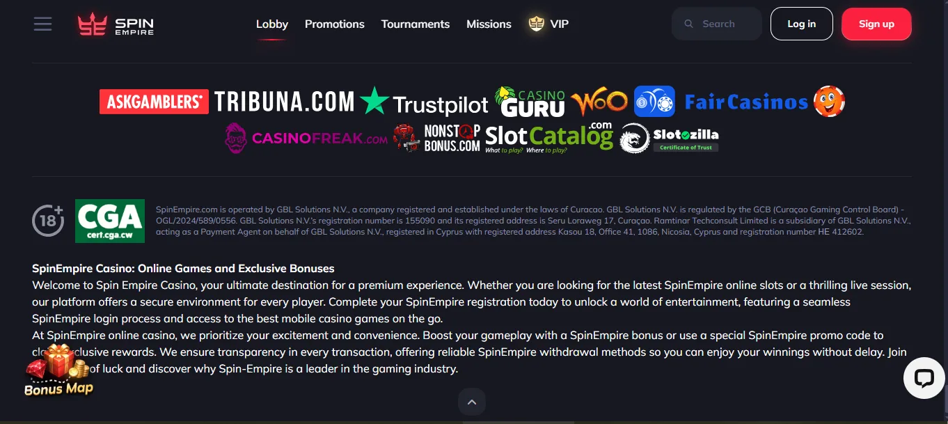 Screenshot of SpinEmpire's footer licence and regulator details
