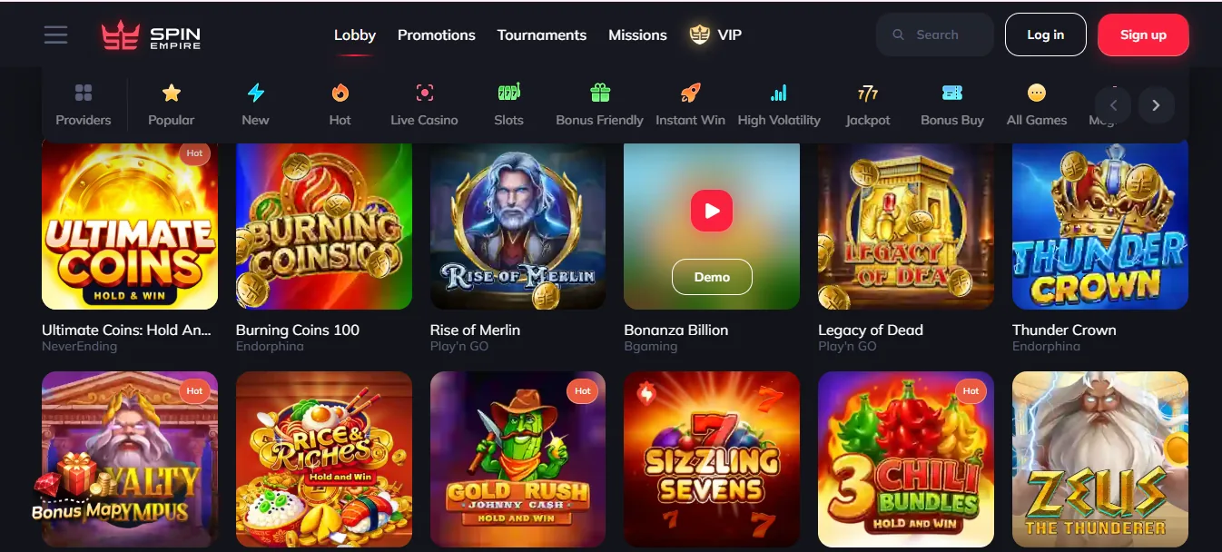Screenshot of SpinEmpire's games lobby