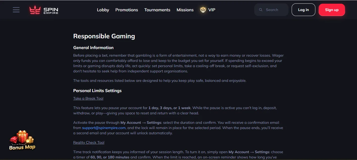 Screenshot of SpinEmpire's responsible-gambling tools