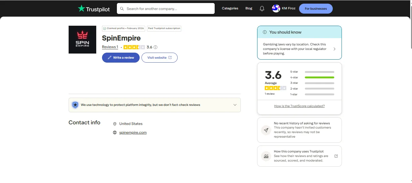 Screenshot of SpinEmpire's Trustpilot rating overview