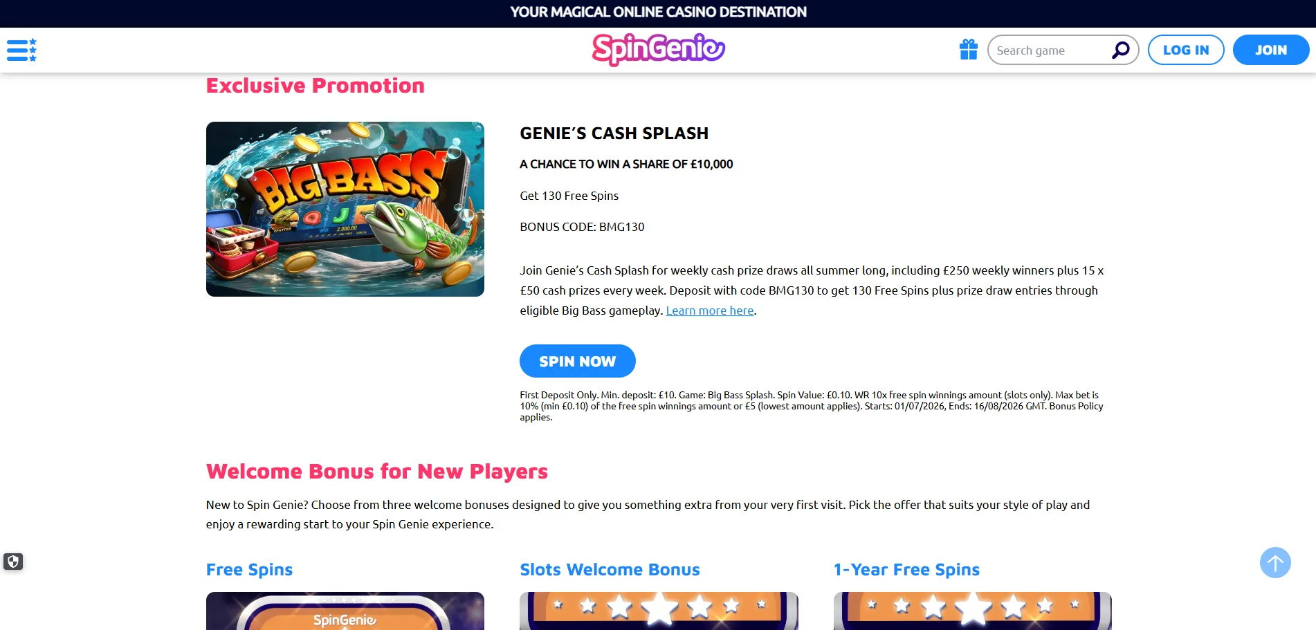 Screenshot of Spin Genie's welcome bonus offer