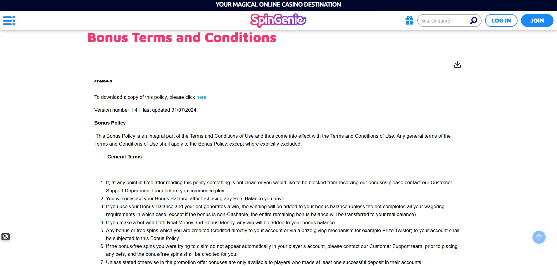 Screenshot of Spin Genie's bonus terms and wagering requirements