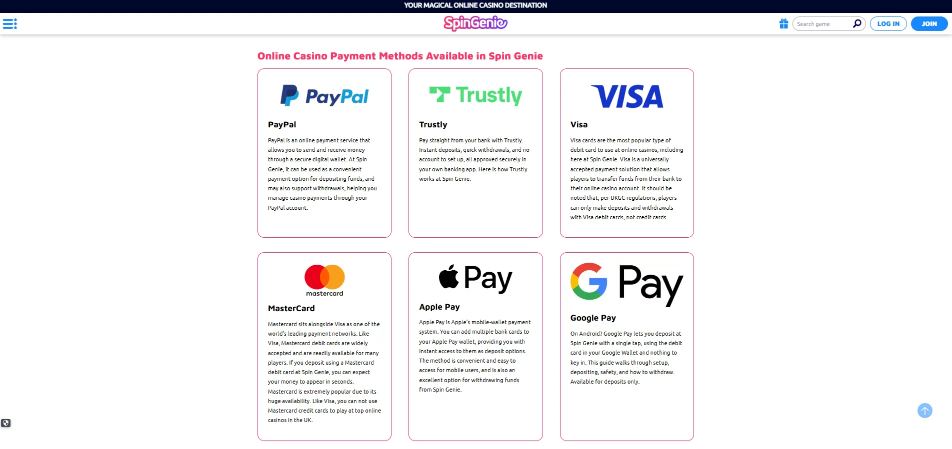Screenshot of Spin Genie's cashier and payment methods