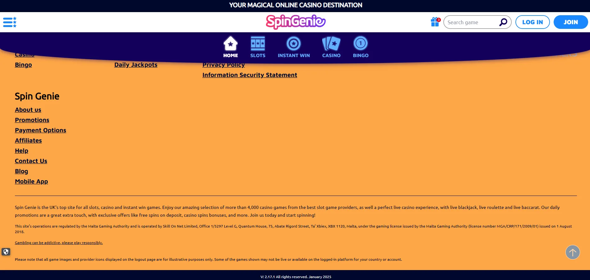 Screenshot of Spin Genie's footer licence and regulator details