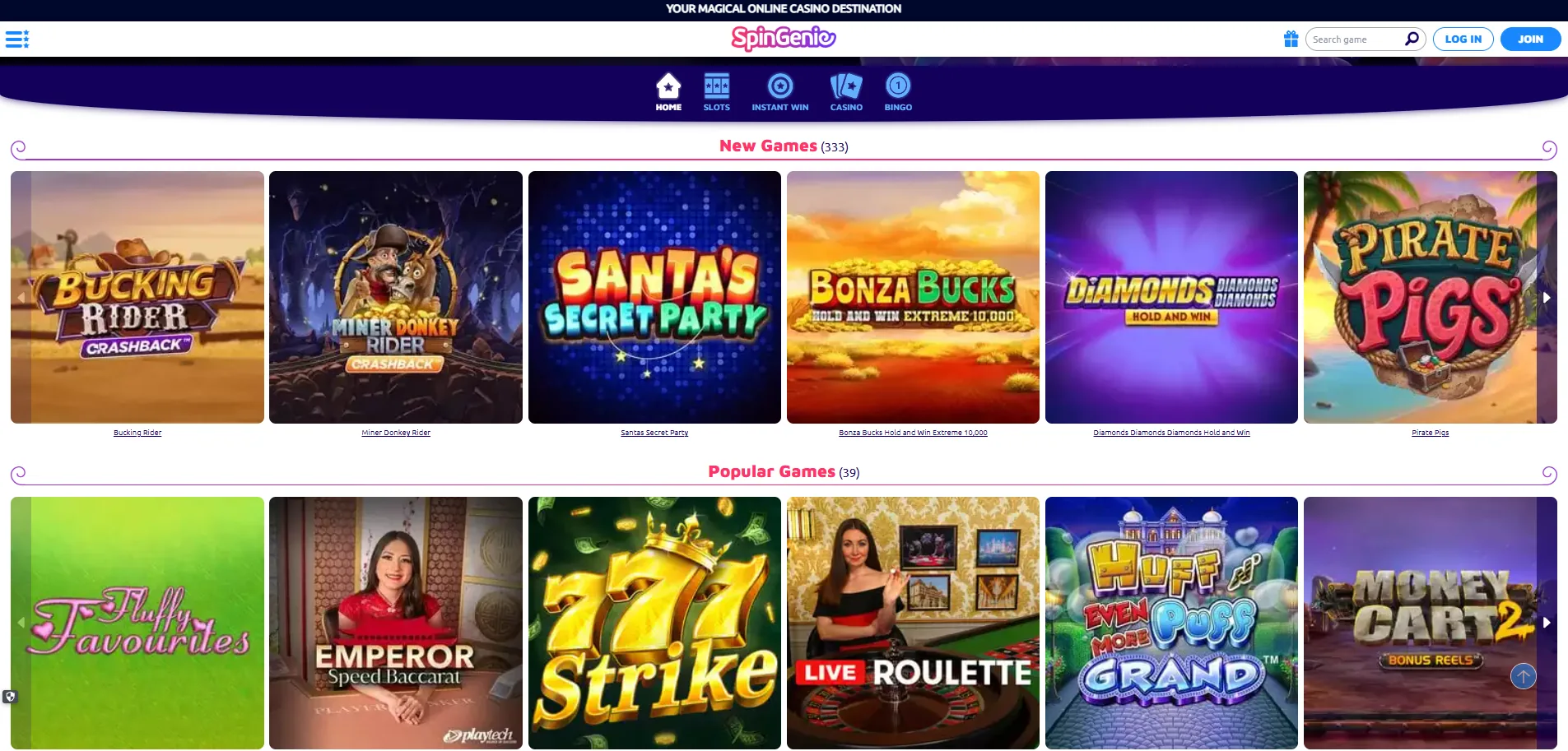 Screenshot of Spin Genie's games lobby