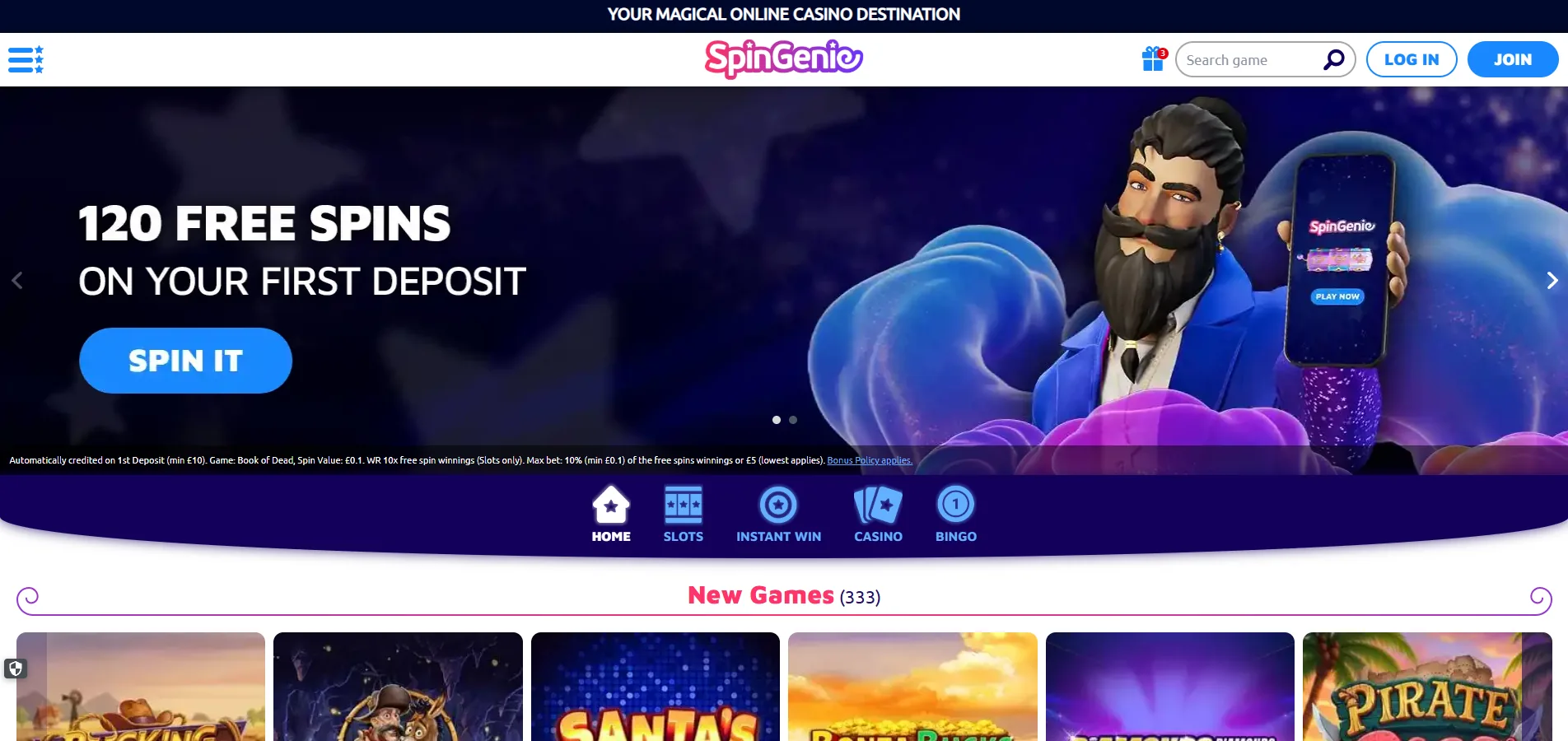 Screenshot of Spin Genie's homepage