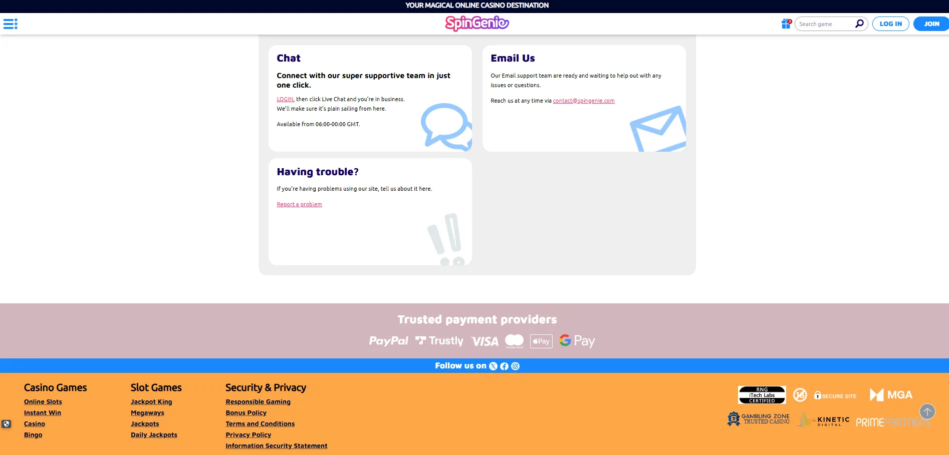 Screenshot of Spin Genie's live chat support window
