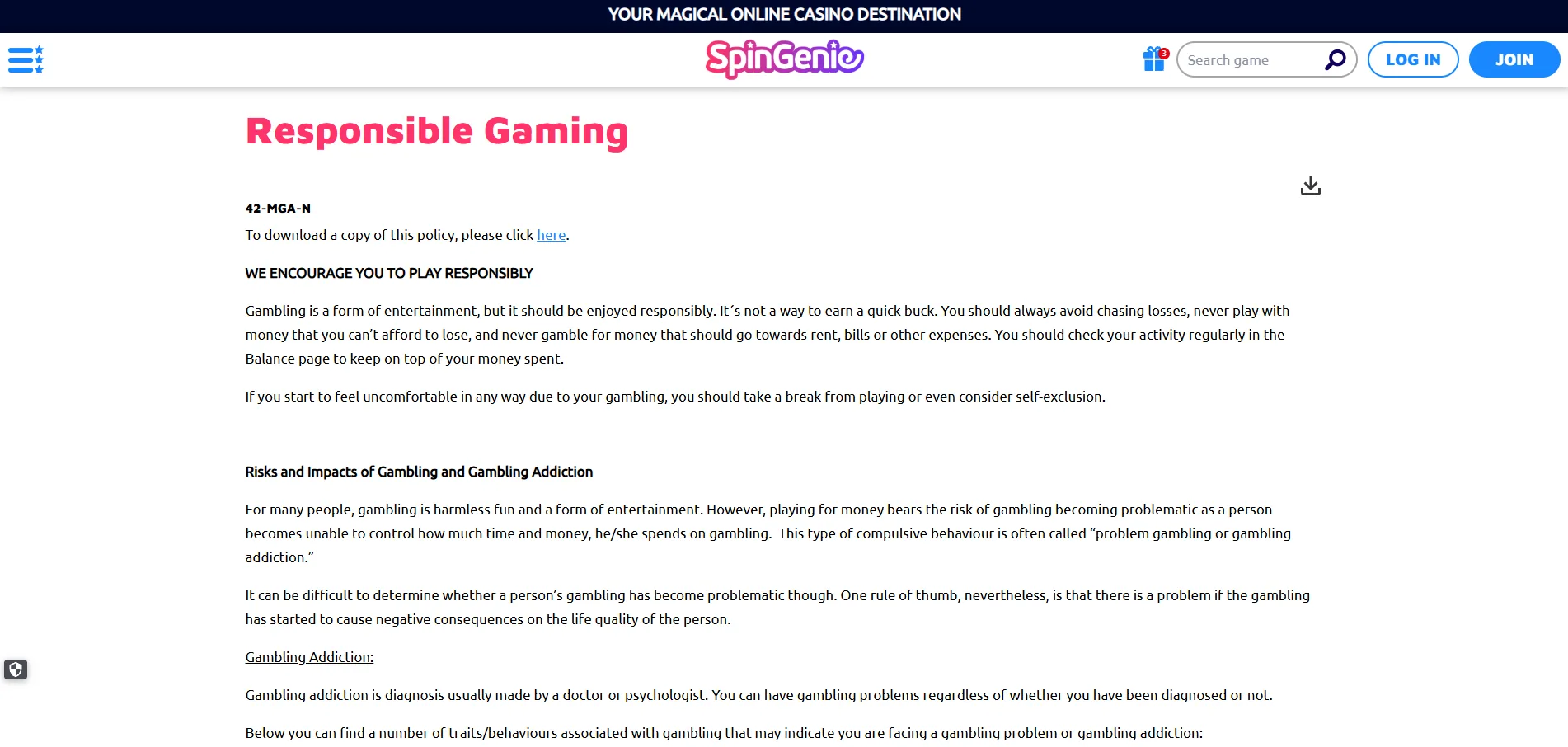 Screenshot of Spin Genie's responsible-gambling tools